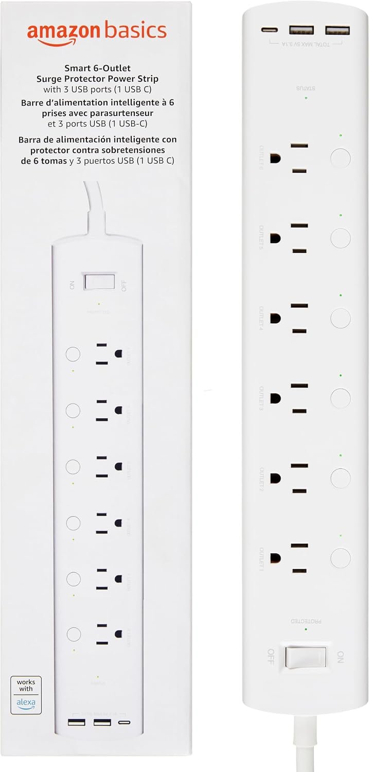 Amazon Basics Smart Plug Power Strip with 6 Individually Controlled Outlets and 3 USB Ports (2 USB-A and 1 USB-C), WiFi, Works with Alexa Only, 2.4 GHz, No Hub Required, White