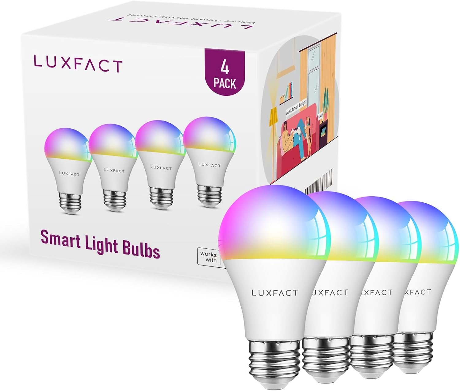 Alexa Light Bulbs, Smart Light Bulbs RGBCW Color Changing, A19 E26 Bluetooth Light Bulb Directly Compatible with Alexa/Smart Life, No WiFi Required, 9W 800LM 60W Equivalent, 4 Pack