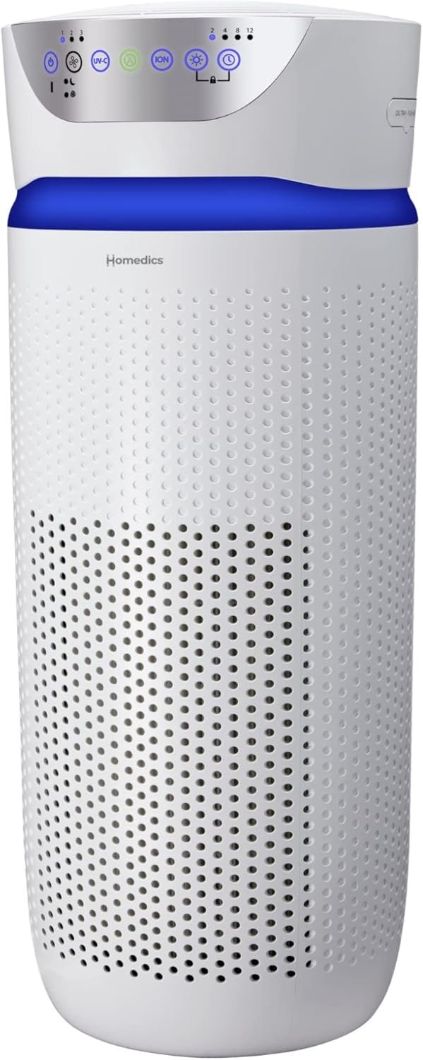 Homedics 5-in-1 UV-C Air Purifier – 360-Degree HEPA Filter for 1,593 Sq Ft, Extra Large Air Purifiers for Bedroom and Home, Essential Oil Pads, Built-In Timer, 5 Speed Settings for Large Rooms, White