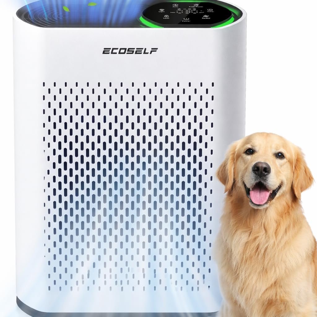 ECOSELF Air Purifier for Large Rooms Up to 2,400 Sq Ft, 360° Air Intake, HEPA Filter, White