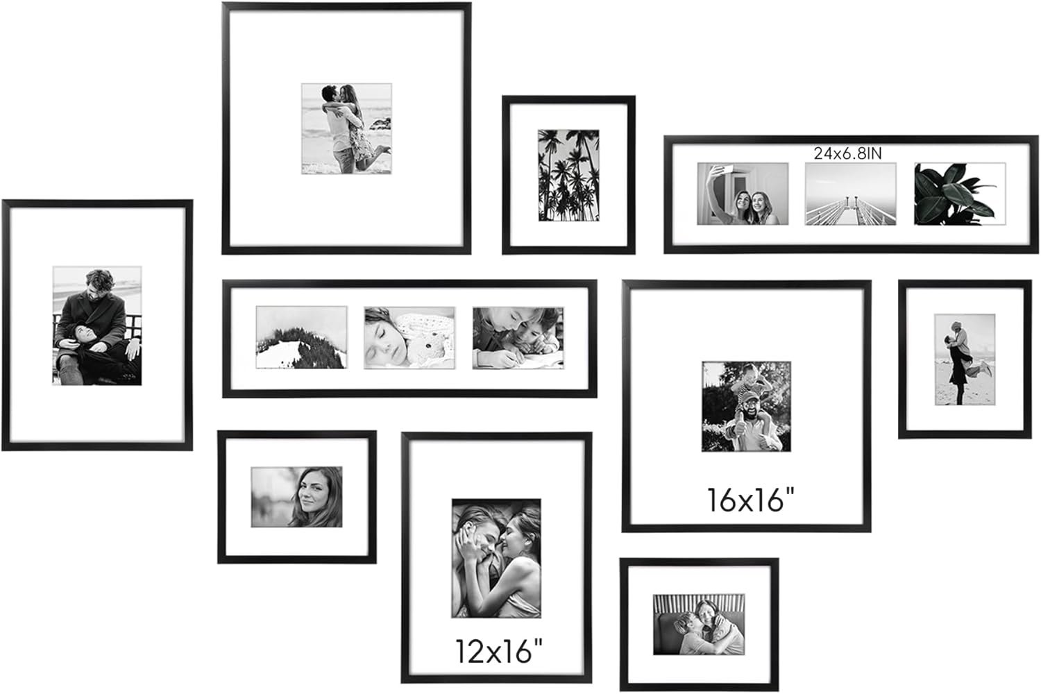 ArtbyHannah Gallery Wall Picture Frame Set for Living Room Staircase Decor | 10 Pack Large Modern Black Collage Classic Family Photo Frames, Assorted Sizes Wall Display,with or without Mat