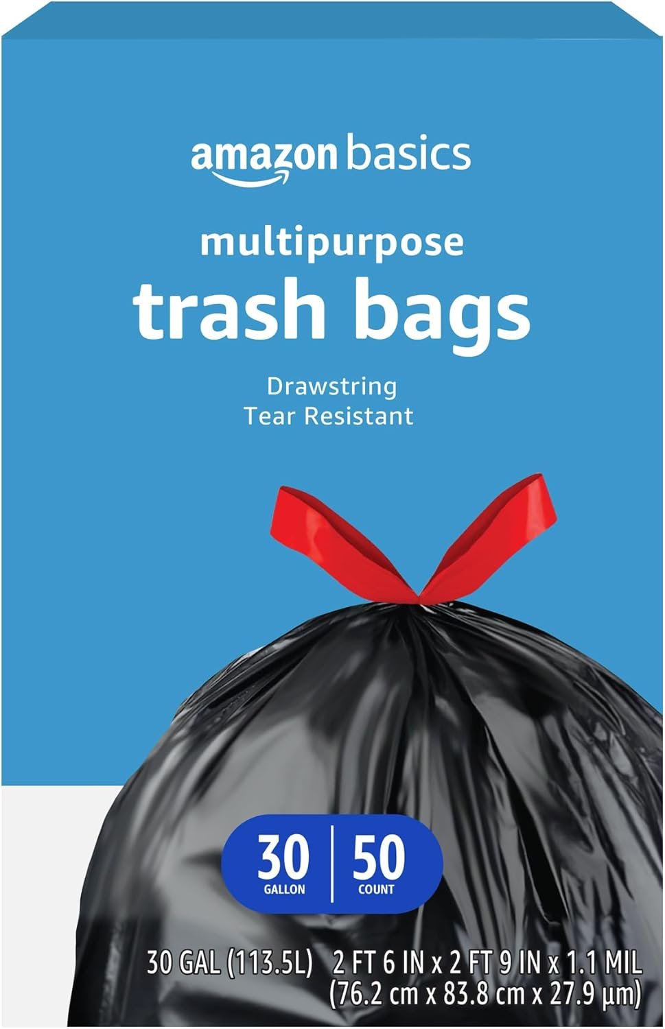 Amazon Basics Multipurpose Drawstring Trash Bags, 30 Gallon Capacity, Tear Resistant, 50 Count (Previously Solimo)