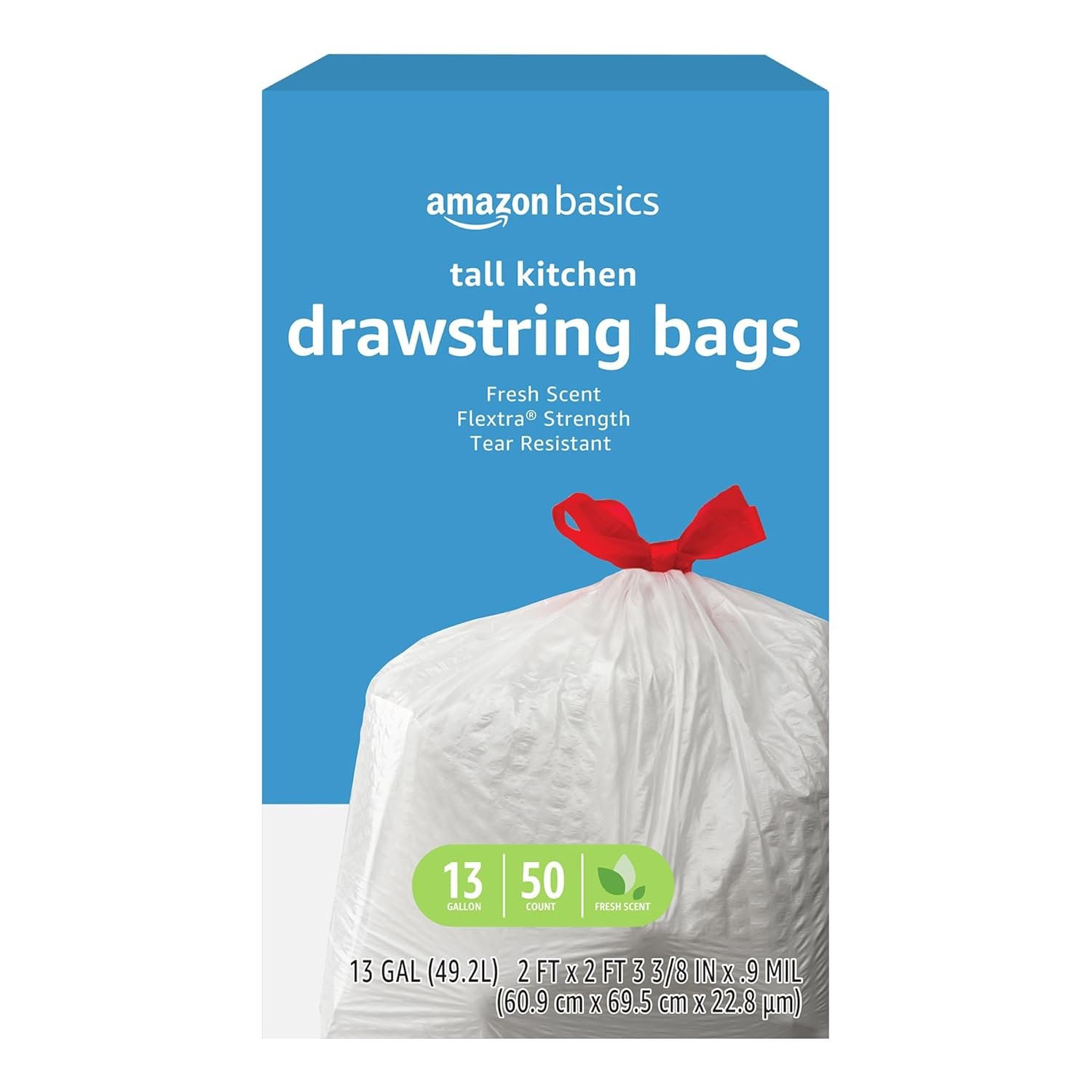 Amazon Basics Flextra Strength Tall Kitchen Drawstring Trash Bags, Fresh Scent, Tear Resistant, 13 Gallon, 50 Count