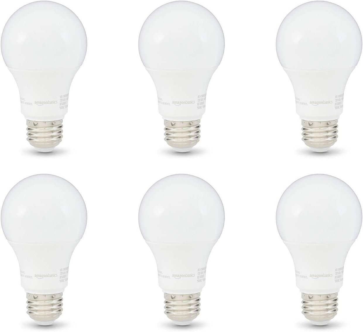Amazon Basics A19 LED Light Bulbs, 60 Watt Equivalent, Energy Efficient 9W, E26 Standard Base, Soft White 2700K, Dimmable, 10,000 Hour Lifetime , 6-Pack