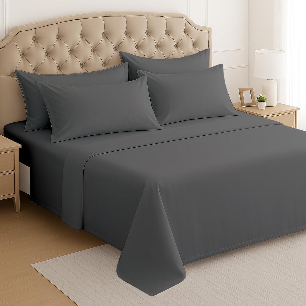 Mattress-Homes Full Sheet Set 6 Piece with 4 Pillowcases – 100% Cotton Cooling Sateen Sheets, Luxury Deep Pocket Full Size 6PCs Bed Sheets Set, Dark Grey Solid