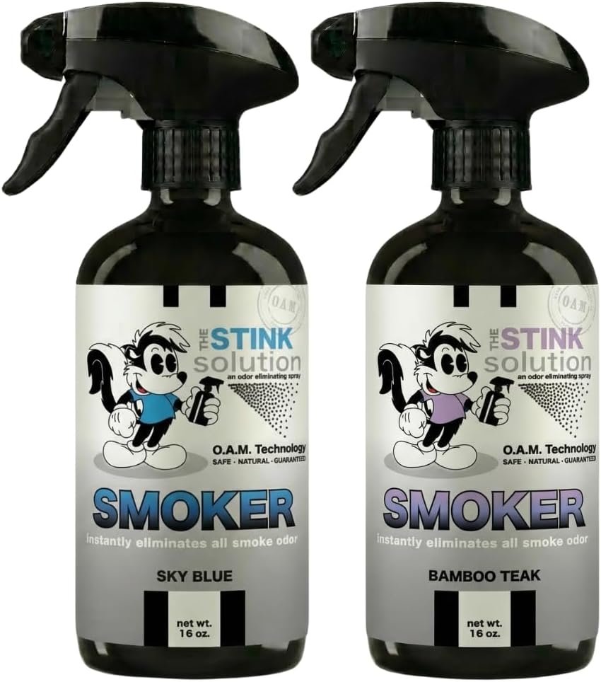 The Stink Solution Smoke Odor Eliminator Spray for Home, Car, Clothes, Hands, Hair, Wall & More Completely Neutralizes All Types of Smoke Odor Best Smoke Smell Remover Bamboo Teak 16oz & Sky Blue 16oz