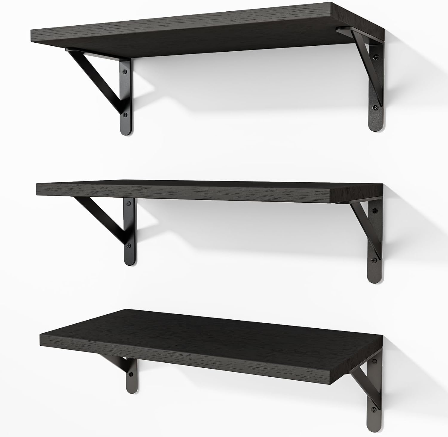 Fixwal Black Shelves for Wall, Wood Wall Mounted Floating Shelves for Bedroom, Bathroom, Living Room, Kitchen Storage and Decor(Black, Set of 3, 16.5 Inch)