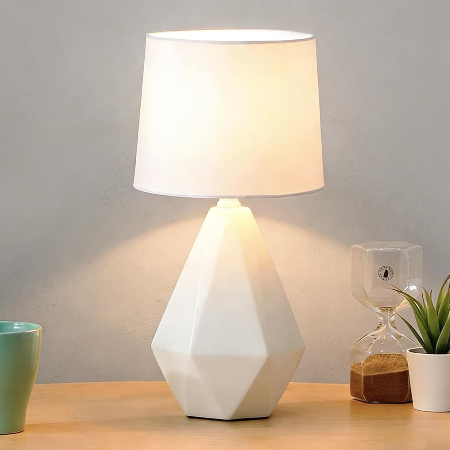 SOTTAE Modern Small Ceramic Table Lamp, White Irregular Geometric Bedside Table lamp for Bedroom,Nightstand Lamps with White Fabric Shade, Small Lamp for Kitchen Living Room