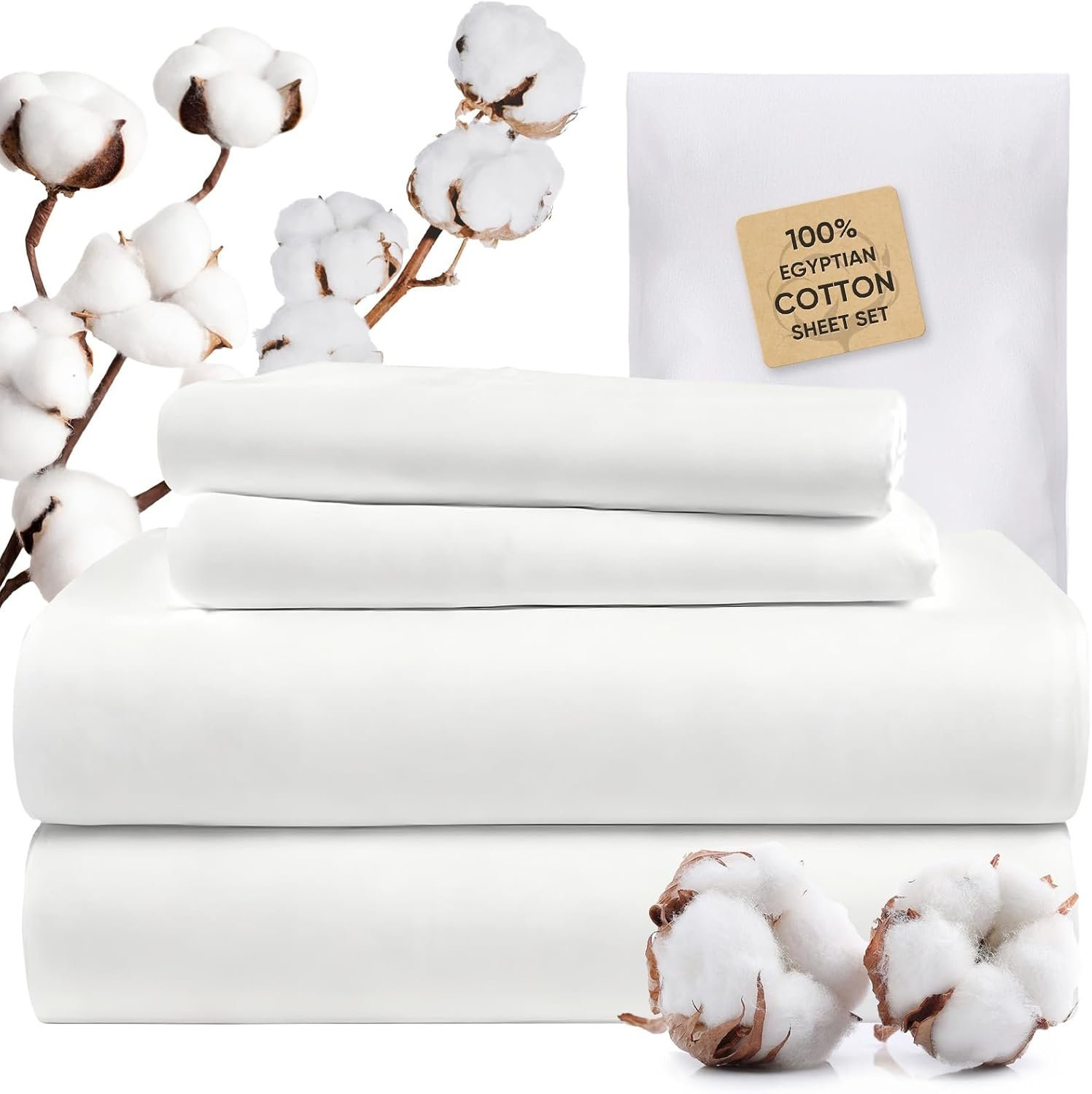TWK 1200 Thread Count 100% Egyptian Cotton Sheets Bed Set,Thickness,Long-Lasting Durability,Resists Pilling,Deep Pocket Up to 18″,with a Laundry Bag (White, King)