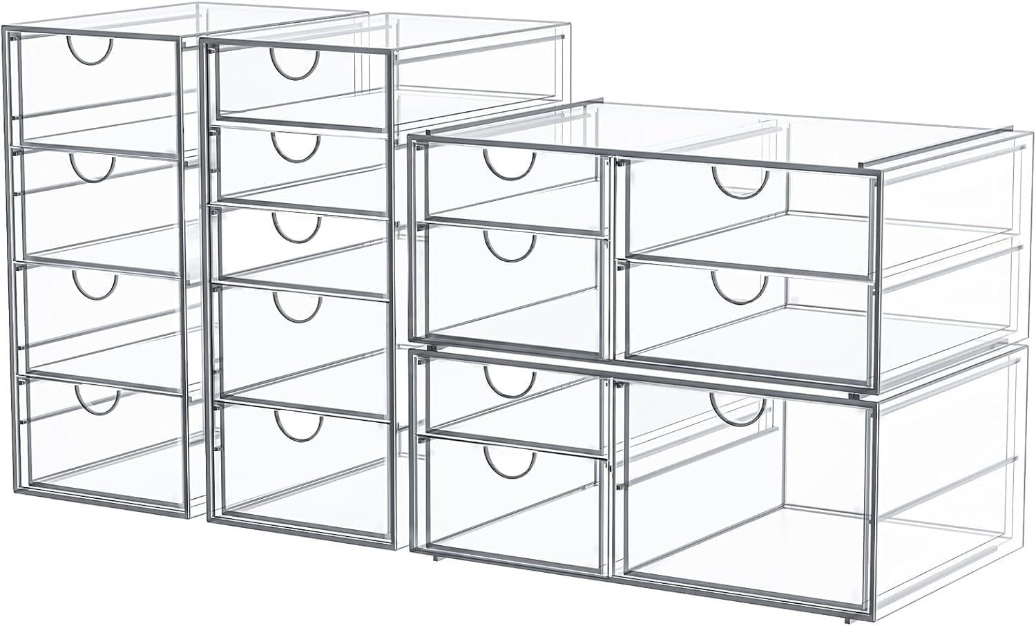 caktraie Makeup Organizer Storage With 16 Drawers, 4 Pcs Desktop Office Supplies, Desk Organizers, Clear Accessories, Dustproof Storage Drawer and for Make Up, Jewelry, Pen, Stationary