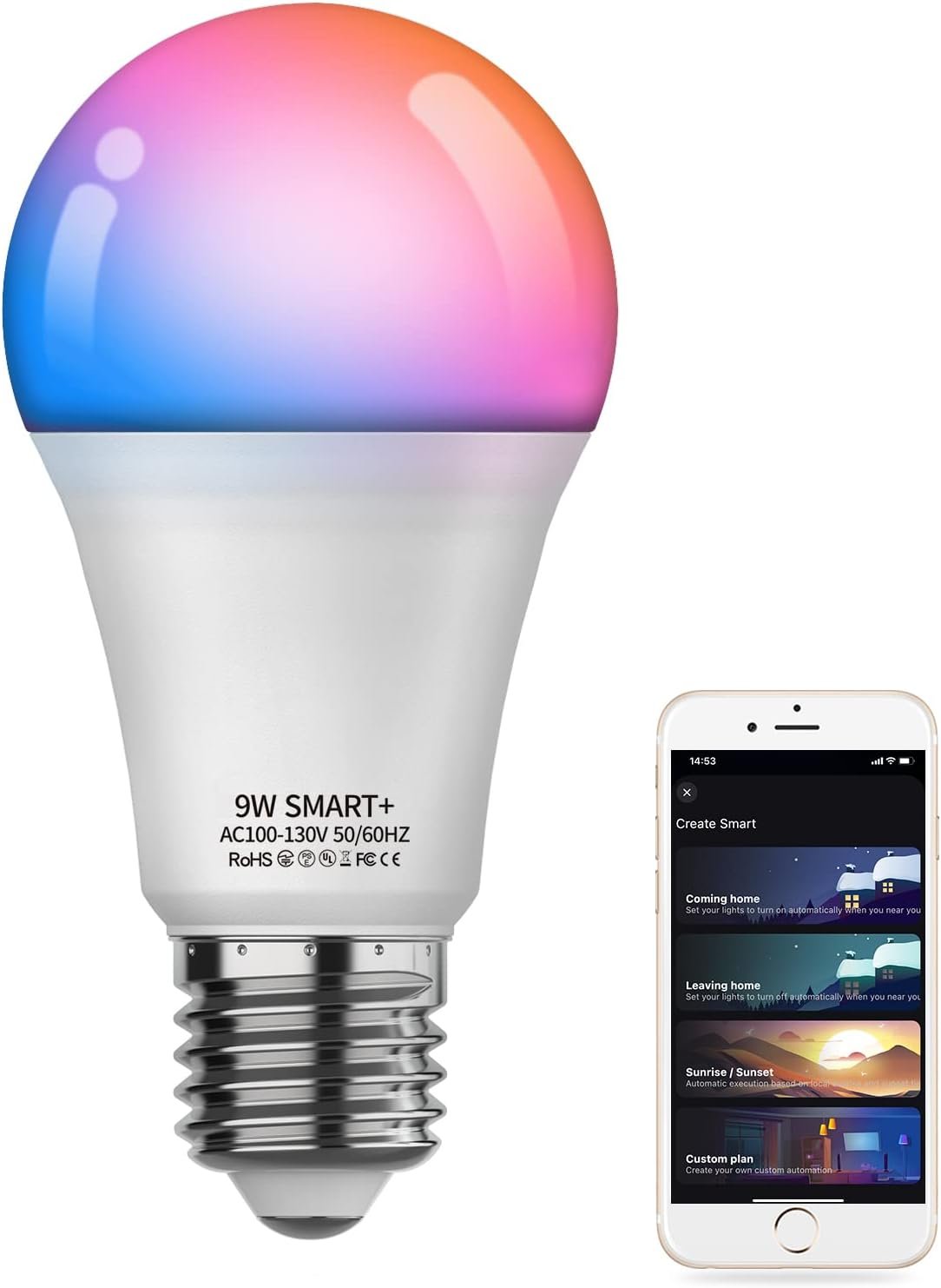Smart Light Bulb, WiFi & Bluetooth 5.0, Works with Alexa Google Assistant, App Control, Color Changing LED Bulb,E26 800LM Dimmable RGB Lights, Smart Home Lighting, Dimmable, 1Pack