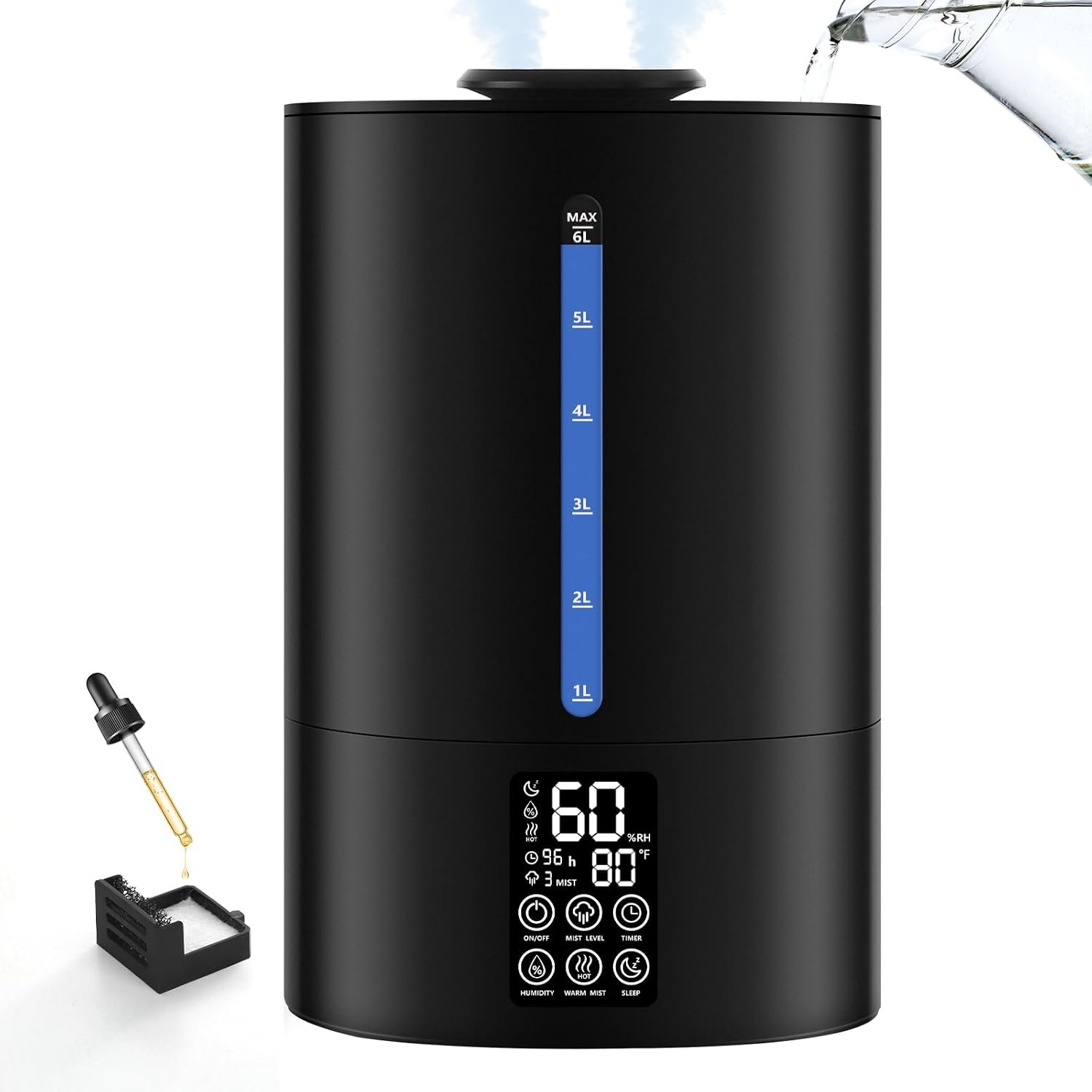 Coolfiqu 6L Humidifiers for Bedroom Large Room Home,Cool and Warm Humidifier for Baby and Plants Hot Mist Top Fill Desk Humidifier Oil Diffuser,Quiet,Auto Mode,360°Nozzle-Midnight Black(2026 Upgraded)