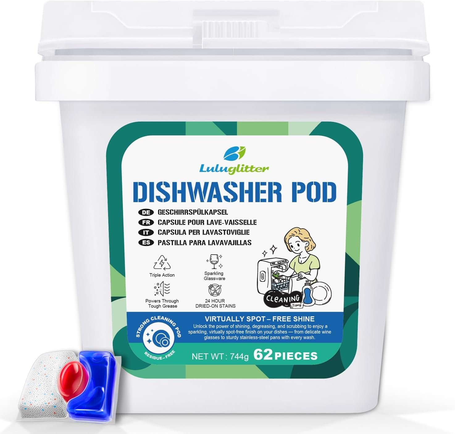 Dishwasher Pods 62 Count Dish Washer Soap Powerful Removes Burnt-On Stain | 62 count, no pre-rinse, spot-free shine, three-chamber design, fragrance-free