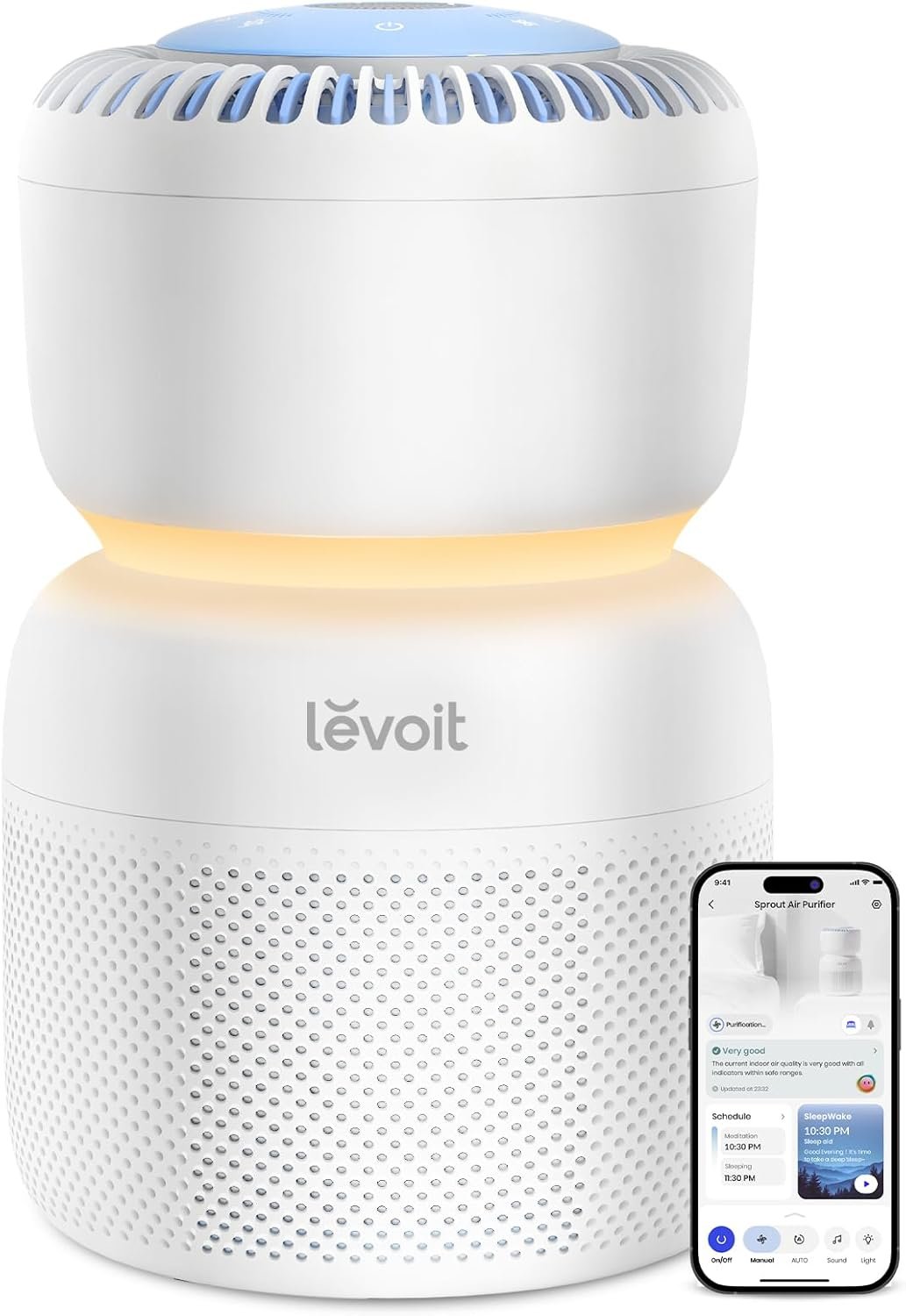 LEVOIT Air Purifier for Home Bedroom with HEPA Filter, White Noise Sound Machine and Blue Light-Safe Night Light Support Better Sleep, AHAM VERIFIDE, 5 Air Quality Monitor, Smart WiFi, Sprout