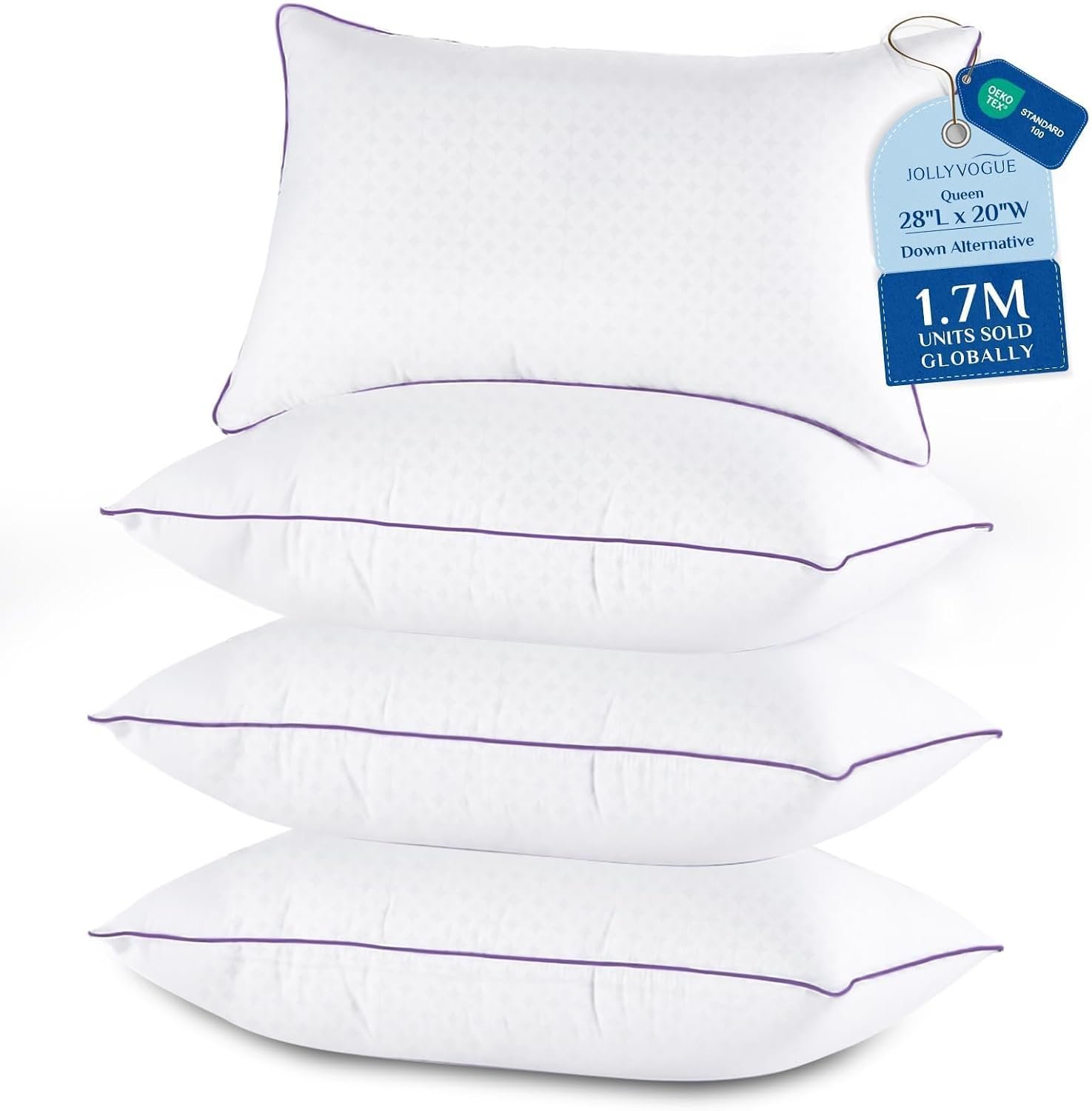 JOLLYVOGUE Pillows Queen Size Set of 4, Washable Supportive Bed Pillows with Super Soft Down Alternative Fill, Luxury Fluffy Hotel Quality for Side, Back, and Stomach Sleepers