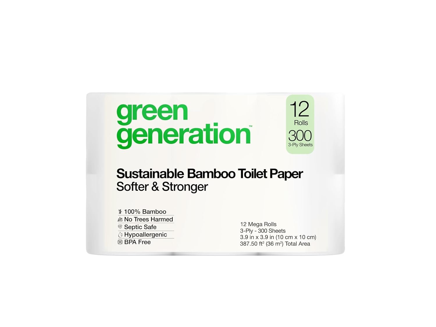 Green Generation Bamboo Toilet Paper -12 Roll, 3-Ply, 300 Sheets/Roll – Non Toxic Toilet Paper Organic Septic Safe – BPA Free Sustainable, Soft, FSC Certified – Home, Boat & RV Use
