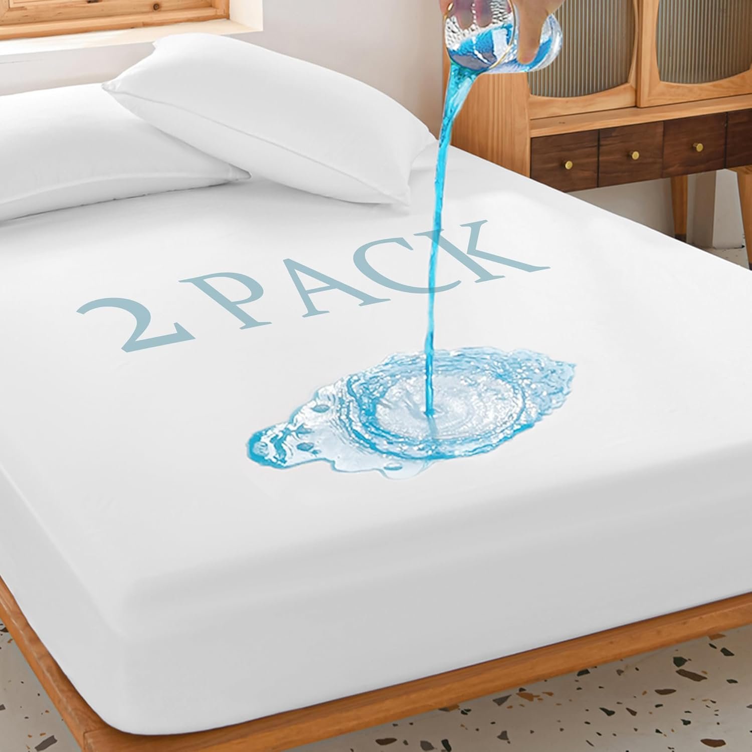 2 Pack Twin Waterproof Mattress Protector Deep Pocket Mattress Cover, Soft Breathable Mattress Pad, Fitted Noiseless Waterproof Bed Cover Stretch to 19″