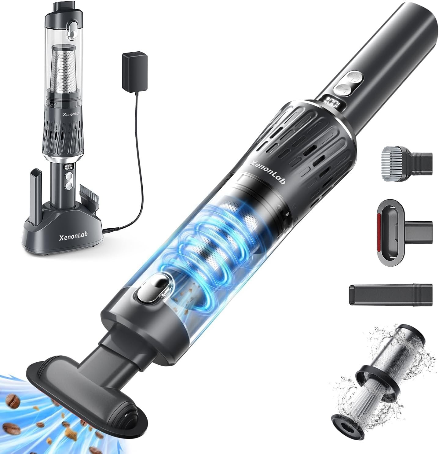 Handheld Vacuum Cordless 25000Pa Car Vacuum 3-in-1 Handheld Vacuum, Includes Smart Display and Charging Base Hand Vac Cordless Rechargeable One-Touch Empty for Home/Pet/Car (Silver)