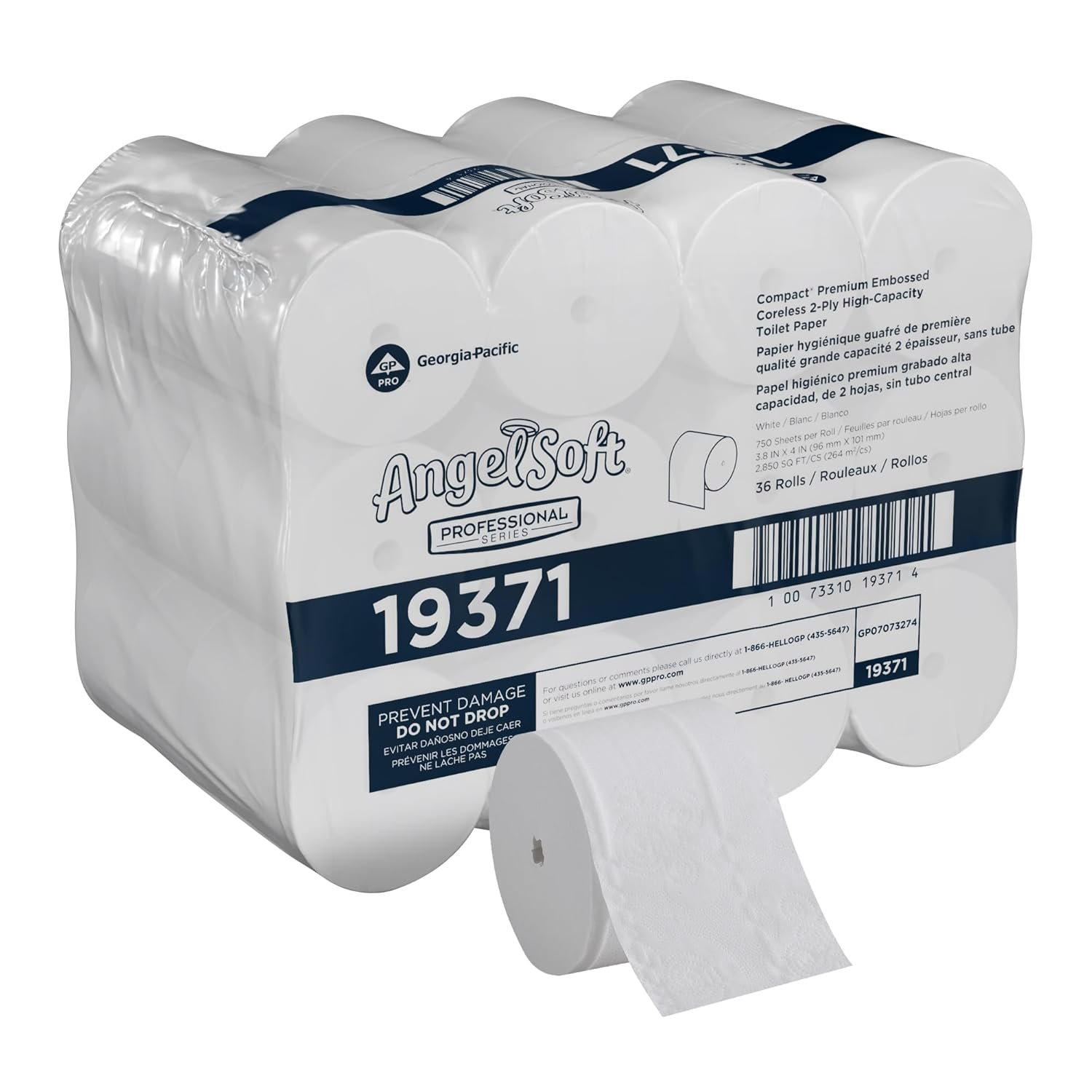 Angel Soft Professional Series Compact Premium Embossed Coreless 2-Ply High-Capacity Toilet Paper by GP PRO, White, 19371, 750 Sheets Per Roll, 36 Rolls Per Case