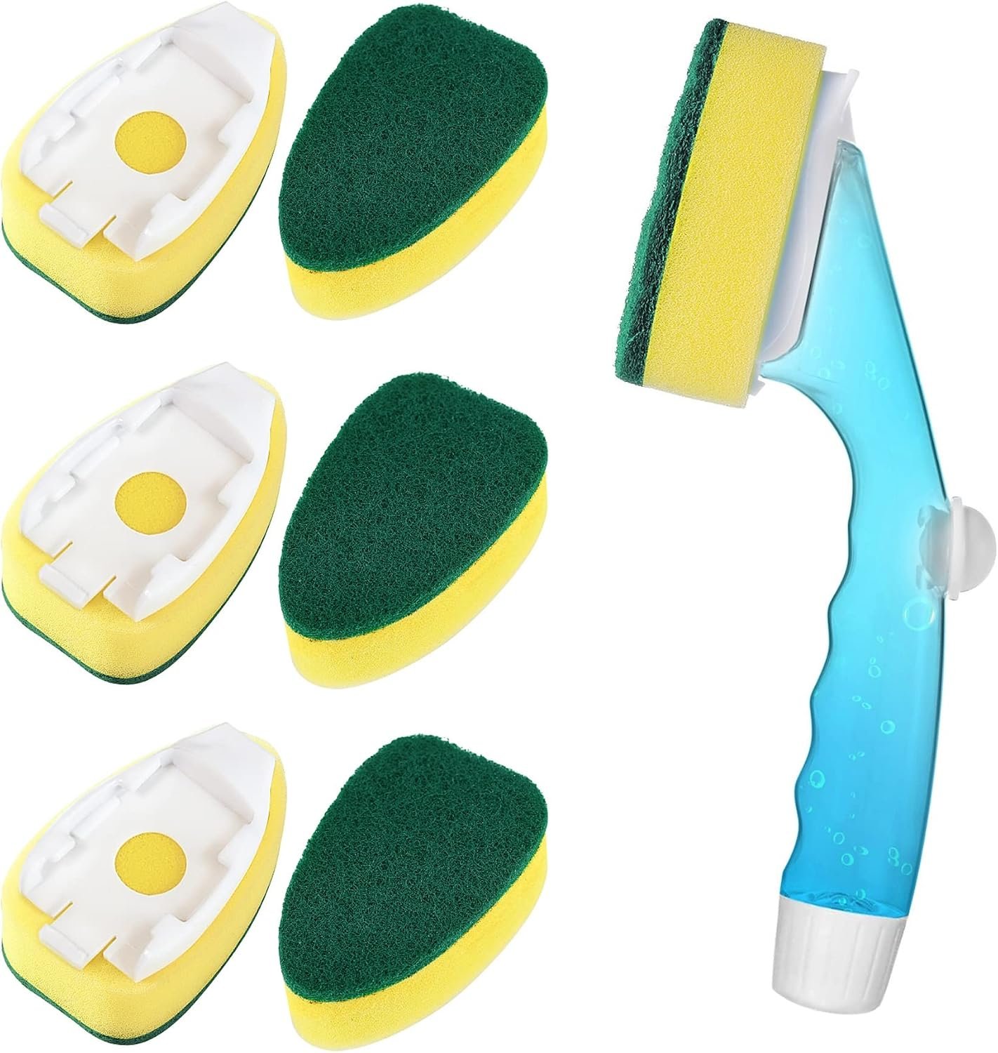Dishwand Refills with Handle, Dish Wand Refill Replacement Sponge Head 6Pcs | Non-scratch Heavy Duty Sponge Heads Set,Soap Dispenser Scrubbers,Dishwashing Scrub Dispensing Brush Pads,Dishwasher Cleaning
