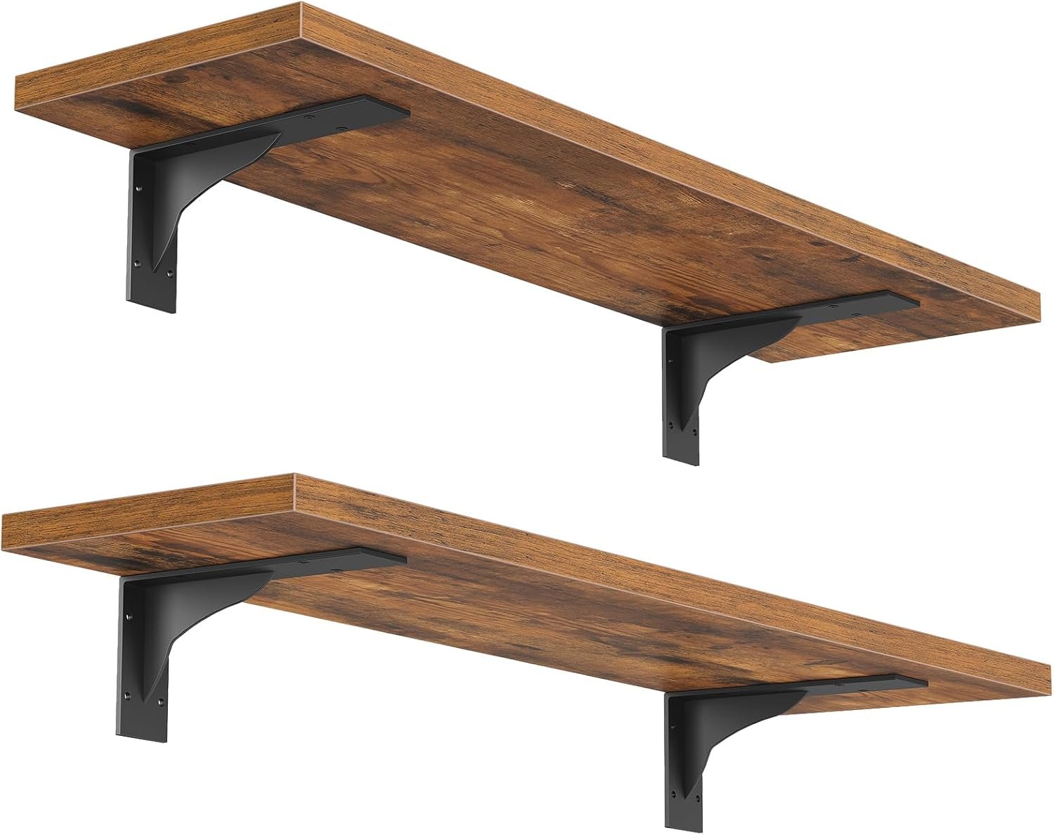 HOOBRO Floating Shelves for Wall, 15.7″ Wall Mounted Shelves Set of 2, Hanging Storage Shelf with Metal Brackets, Wooden Shelf for Living Room, Bedroom, Bathroom, Rustic Brown and Black BF42BJP201G1