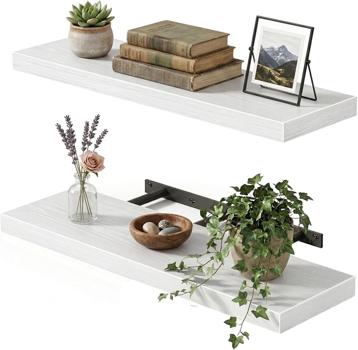 Fixwal White Shelves, 22″ Long Floating Shelves for Living Room, Bedroom, Bathroom and Kitchen, Wall Mounted Shelves for Storage, Books, Room Decor Set of 2