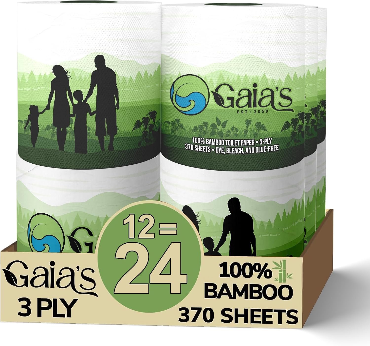 Gaias Premium and Soft Organic Bamboo Toilet Paper | 12 Mega Rolls, 3 Ply, 370 Sheets | FSC Certified, PFAS & BPA Free, Eco-Friendly, Sustainable Tissue – Plastic Free, Septic Safe, Vegan