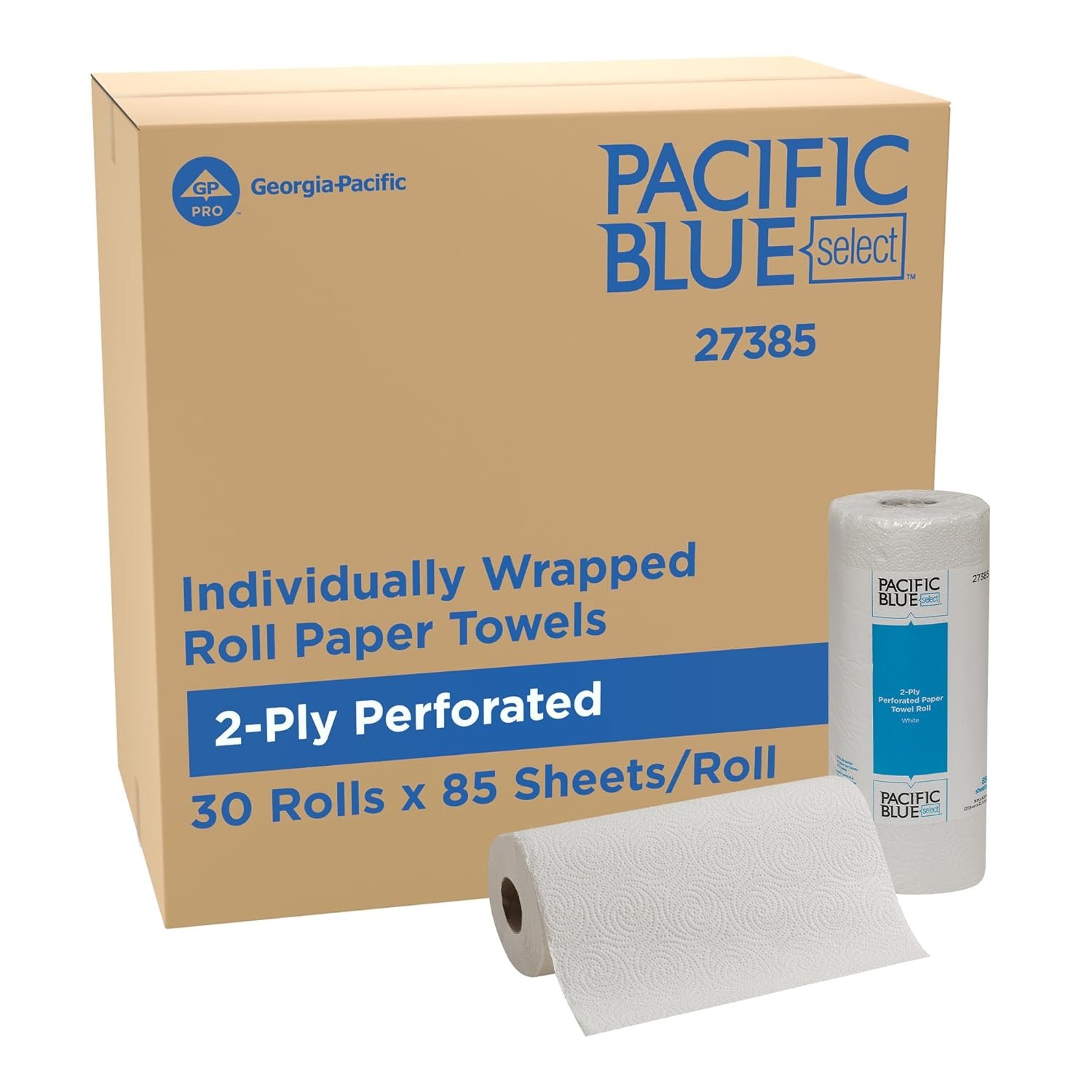 Pacific Blue Select by Georgia-Pacific PRO 2-Ply Perforated Roll Paper Towels, Individually Wrapped, White, 85 Sheets Per Roll, 30 Rolls Per Case, 27385