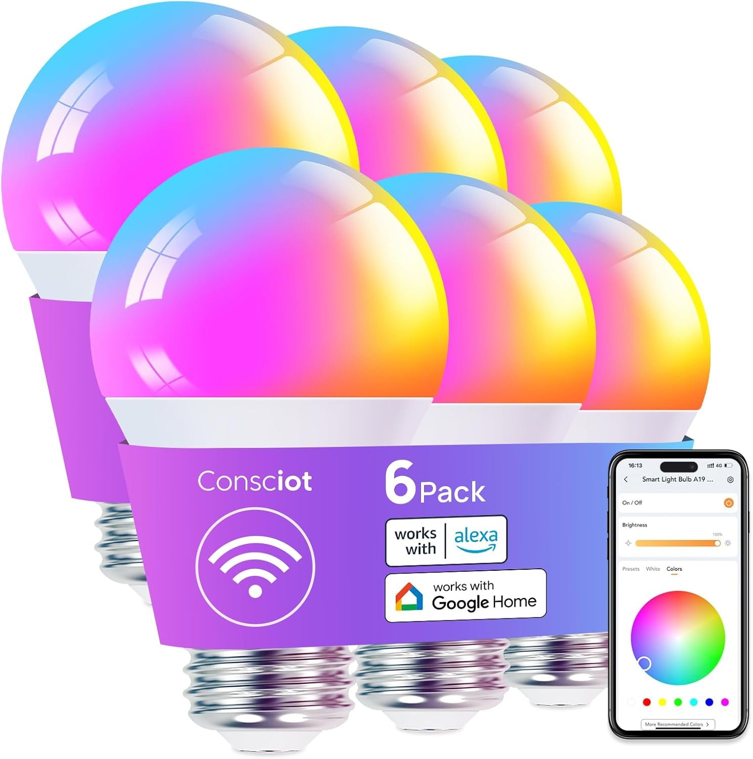 Consciot Smart Light Bulbs, LED Light Bulb that Works with Alexa & Google Home, Music Sync, RGBTW Color Changing Light Bulb, A19 E26 2.4Ghz WiFi Light Bulbs 60 watt Equivalent, 800lm Dimmable, 6 Pack