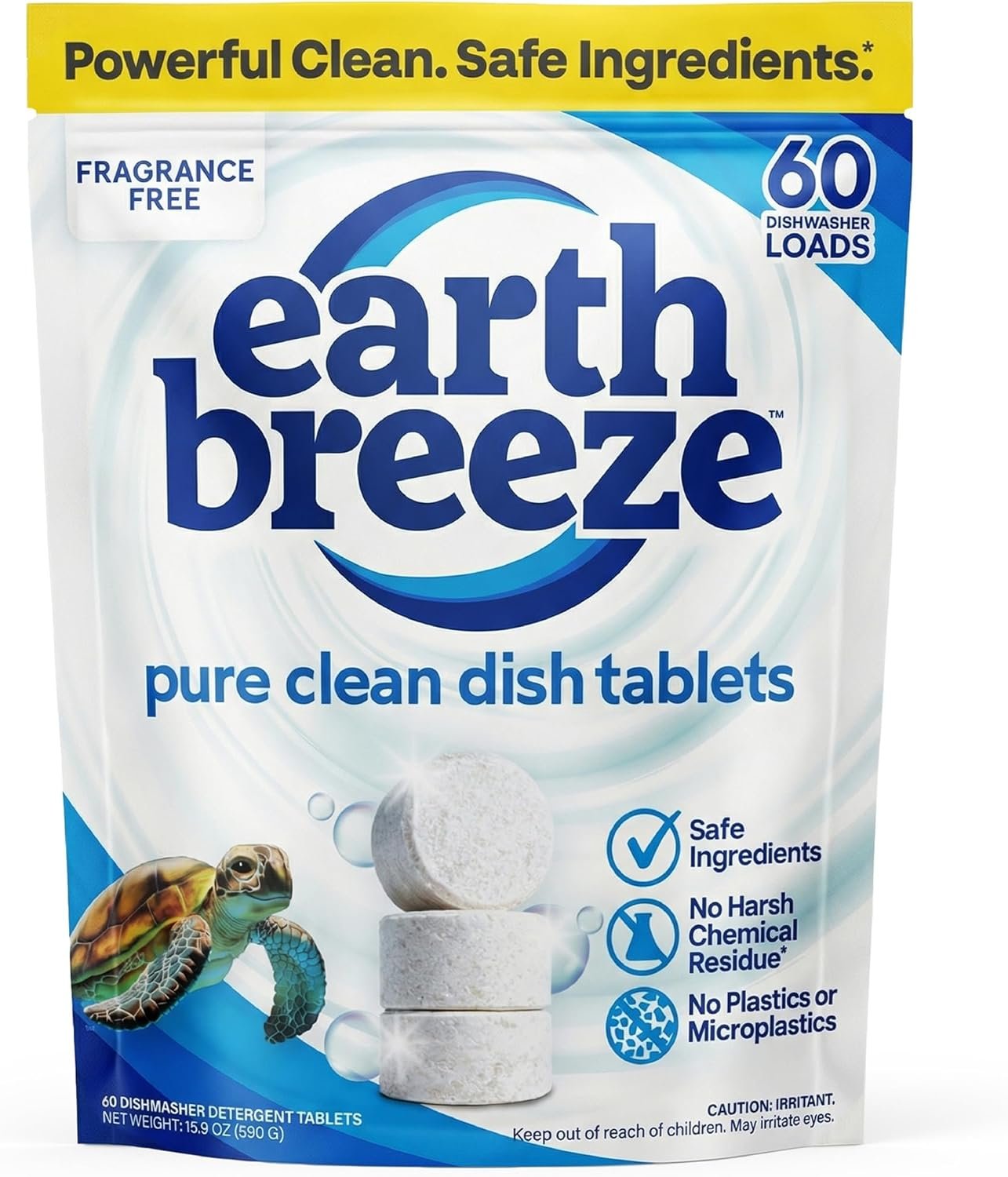 Earth Breeze Dishwasher Detergent Tablets, 60 Count, 100% Plastic-Free Tablets, Free & Clear with No Harsh Chemicals, 3-in-1 Triple Enzyme Formula, Eco-Friendly Dish Washing Pods, HE Safe