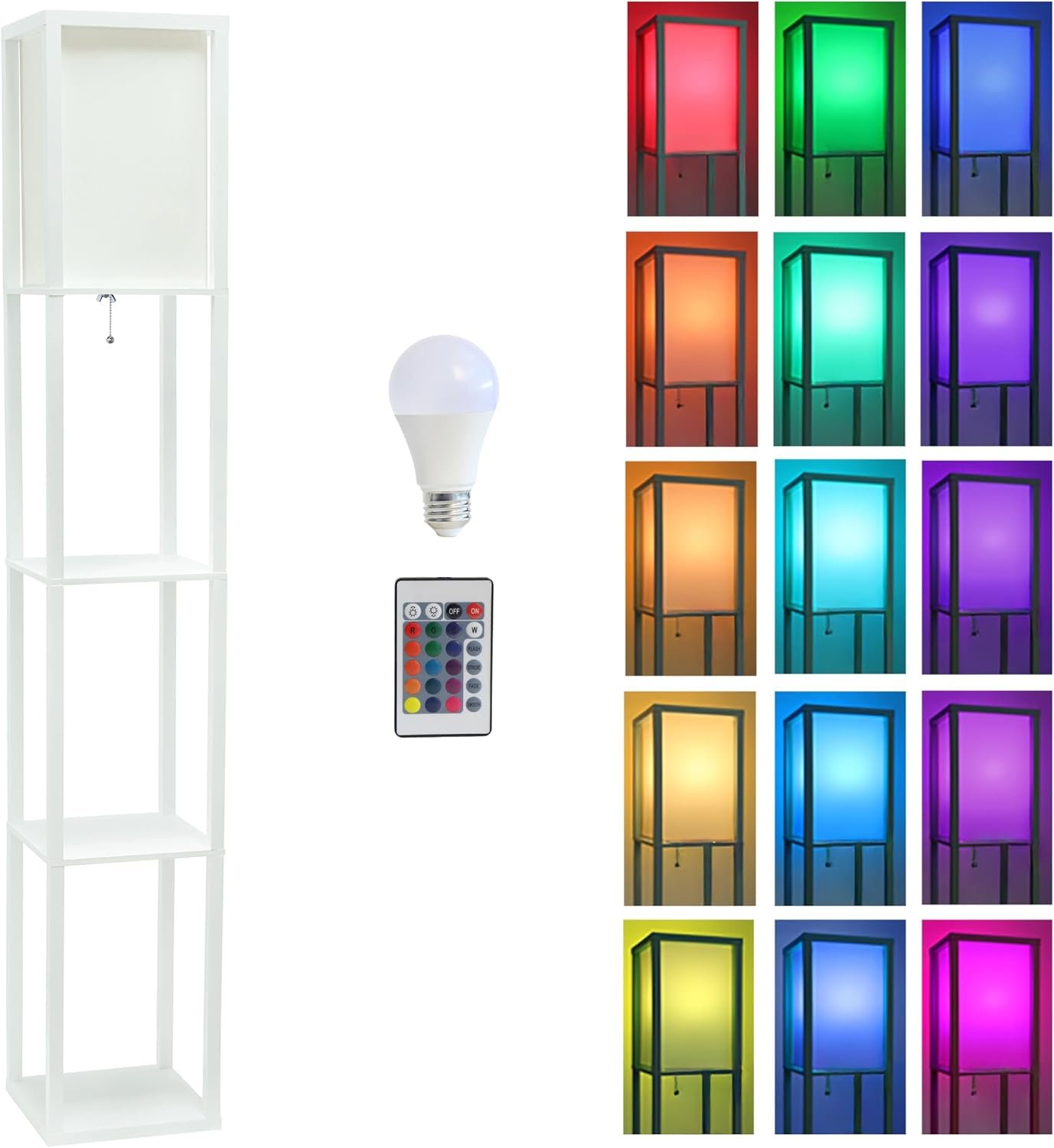 Simple Designs LF1014-WHT-CCLB 62.5″ Three Shelf Etagere Organizer Storage Floor Lamp with White Linen Shade for Living Room, Bedroom, Office, Hallway, White, with Color Changing LED Bulb Included