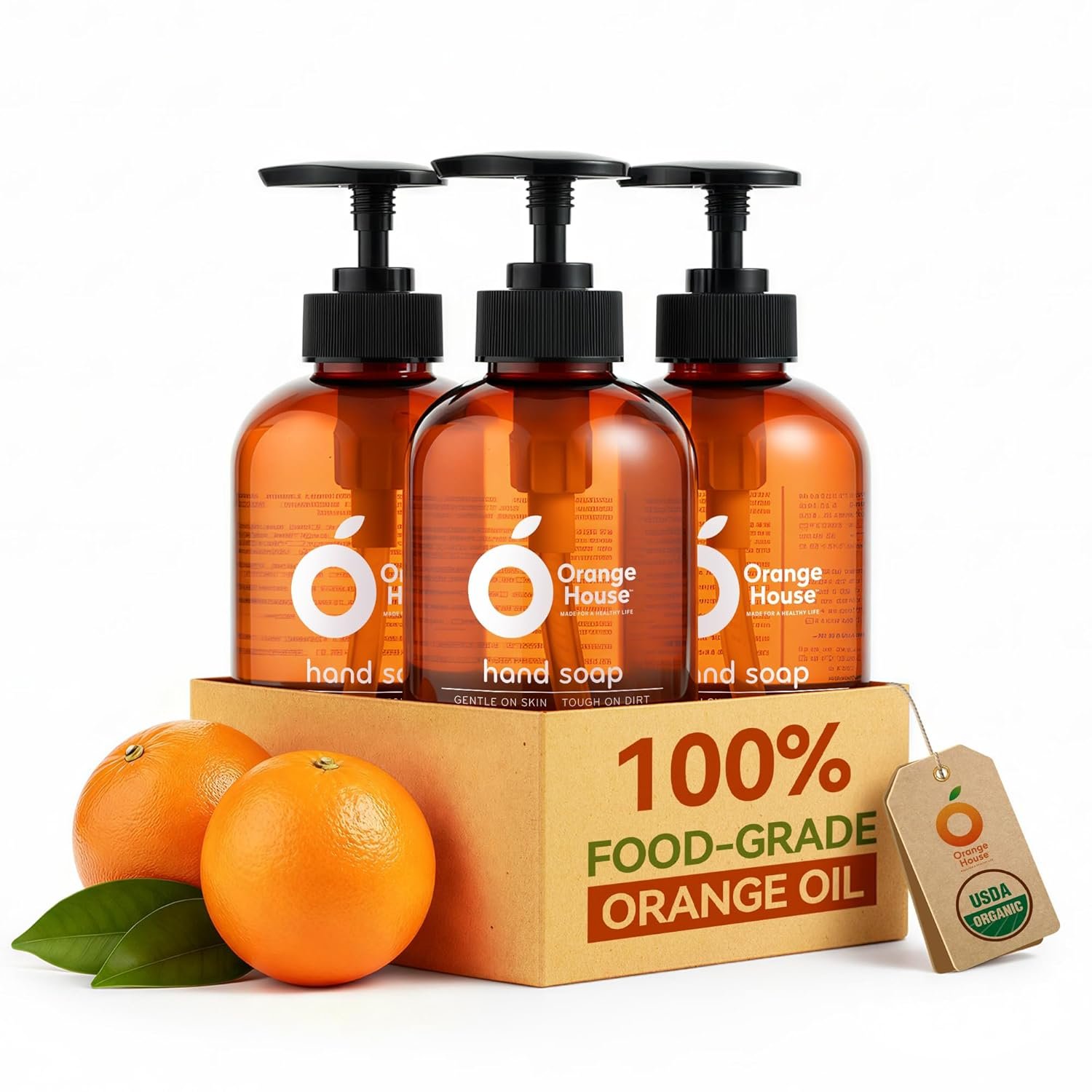ORANGE HOUSE Natural Liquid Hand Soap, Food-Grade Orange Oil Moisturizing Hand Wash, Plant-Based & Hypoallergenic, Gentle for Sensitive Skin, Non-Toxic Citrus Scented Soap, 12 Fl Oz (3 Pack)