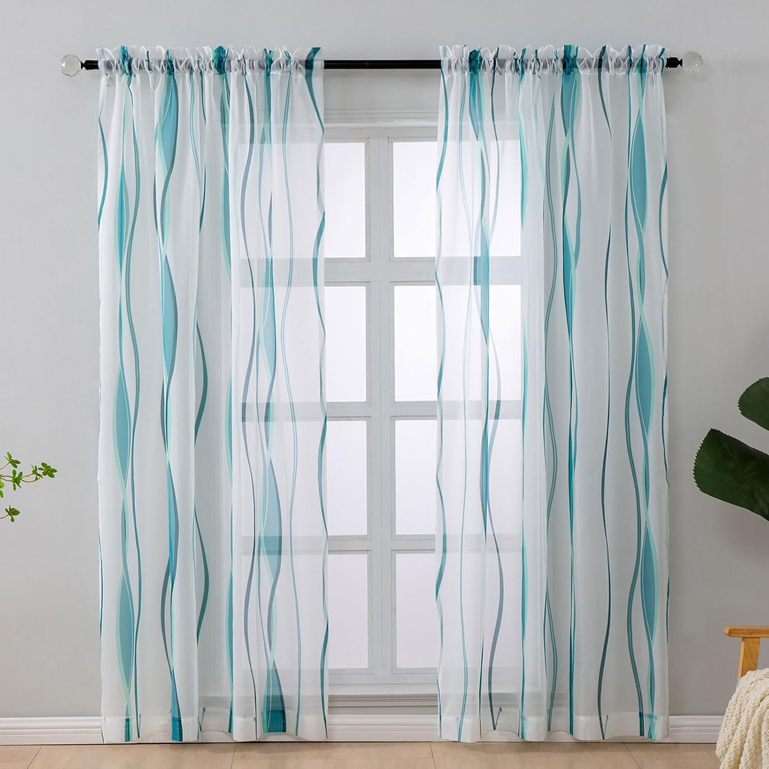 L.Z.E White and Teal Sheer Curtains 84 Inch Long 2 Panels Set for Living Room, Voile Sheer Curtains & Drapes for Bedroom Dining Room Kids Room, Rod Pocket Wave Pattern Window Sheers (55W x 84L)