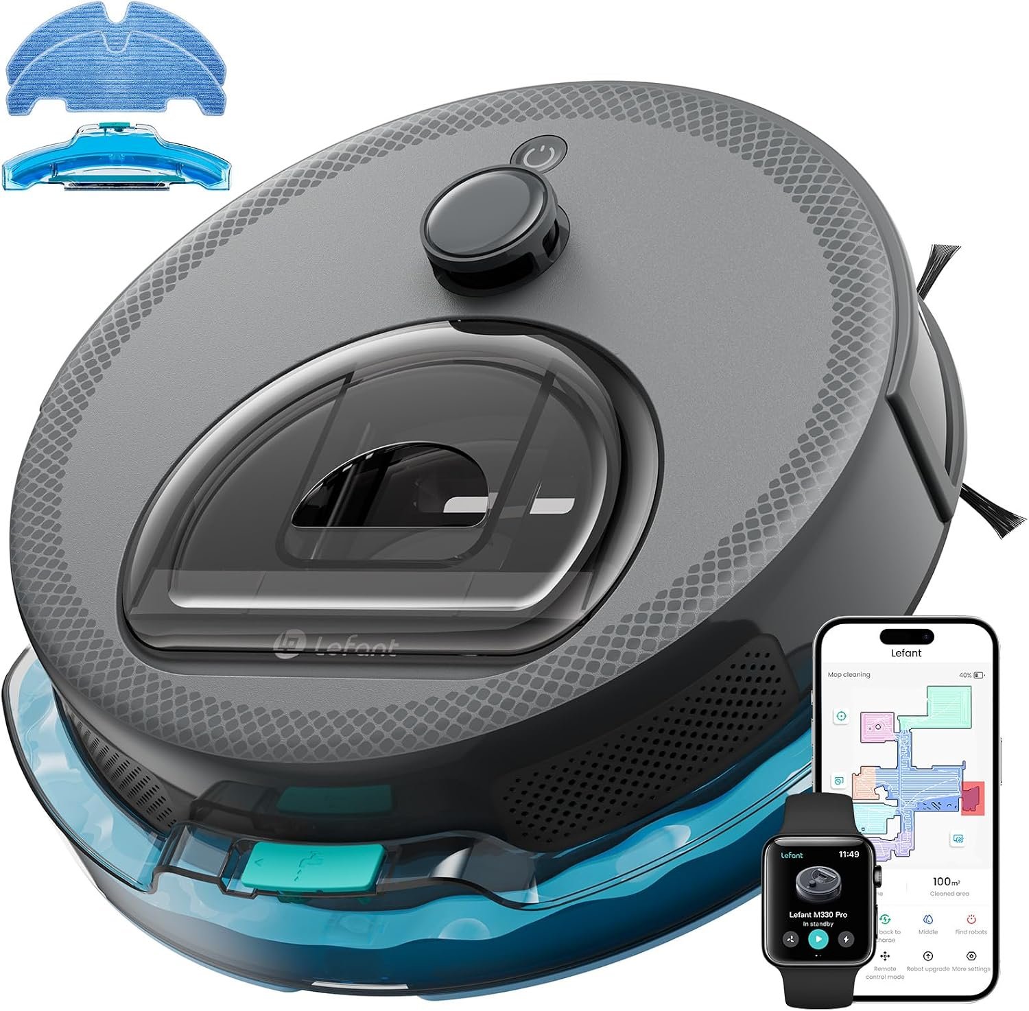 Lefant Robot Vacuum and Mop, Upgraded LiDAR Navigation, 450ml Visible Dustbin, Strong Suction, Multi-Floor Mapping, Self-Charge, WiFi/Alexa/APP, Multi-Surface Cleaning, M330 Pro Grey
