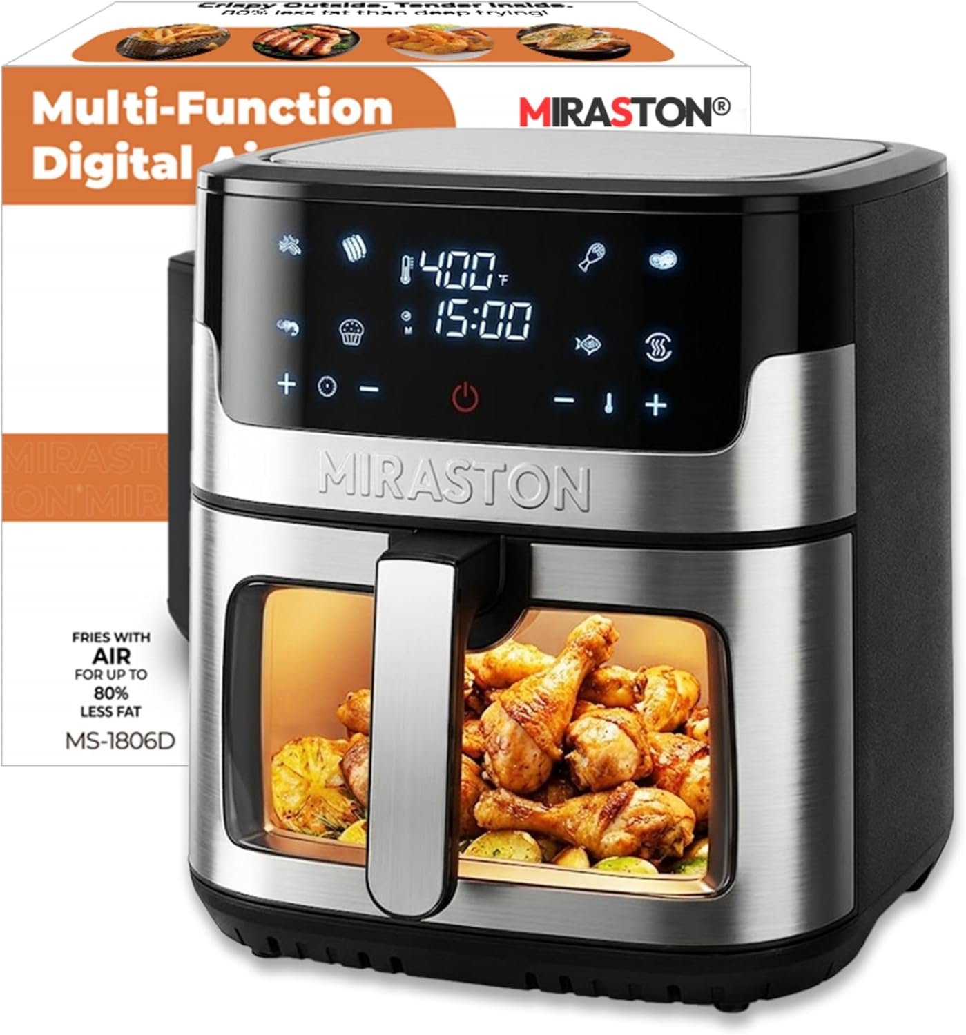 8.5QT Air Fryer with Visual Window, Large Family Size XL Airfryer with 8 Presets, Stainless Steel Oven for Fast Healthy Cooking, Reheat & Crisp, Dishwasher Safe, Gift Box Included