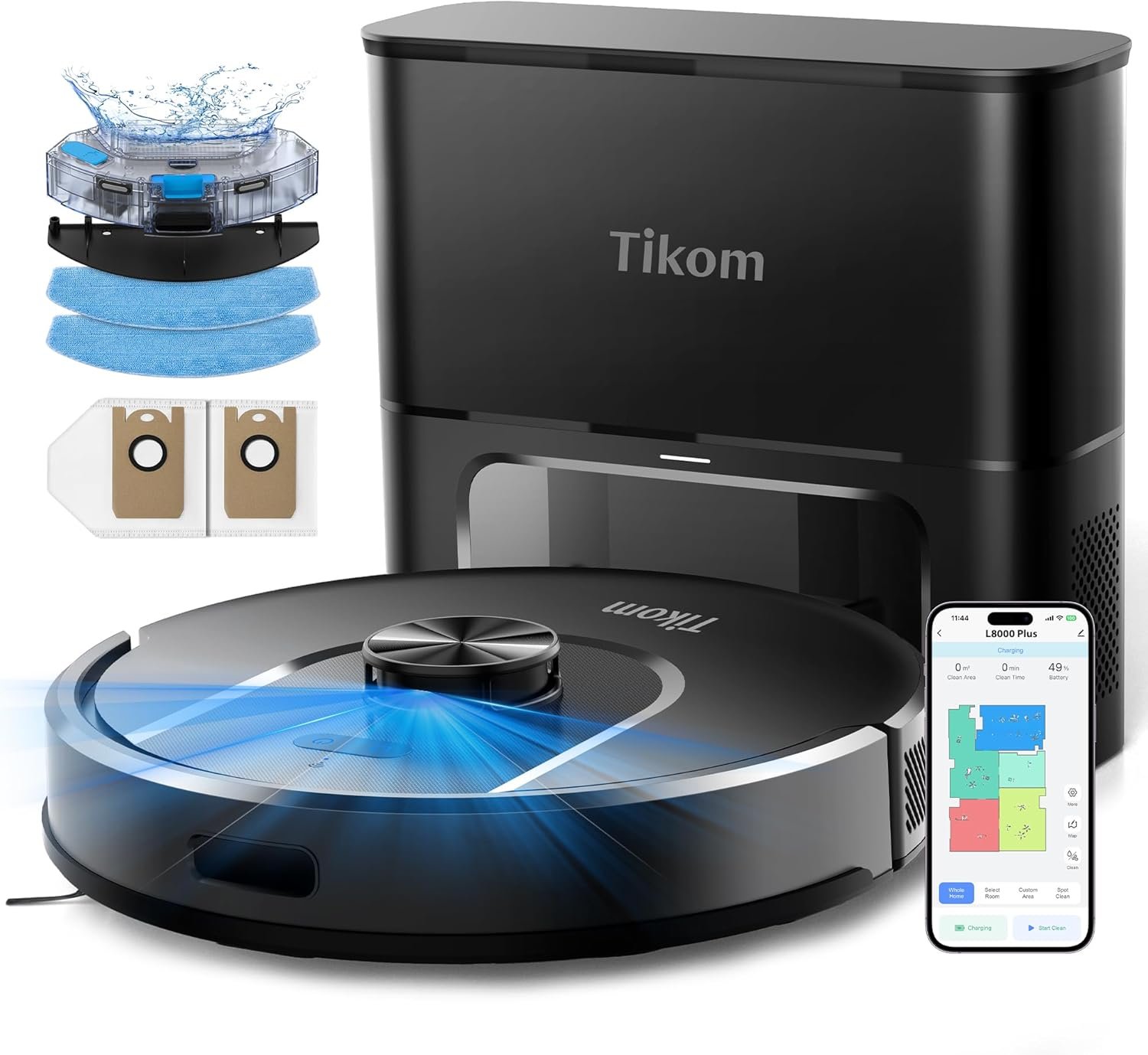 Tikom Robot Vacuum and Mop, 6000Pa Robotic Vacuum Cleaner with Self-Emptying Base, 90 Days Capacity, LiDAR Navigation, Home Mapping, Ideal for Pet Hair, Hard Floors, Carpet (L8000 Plus)