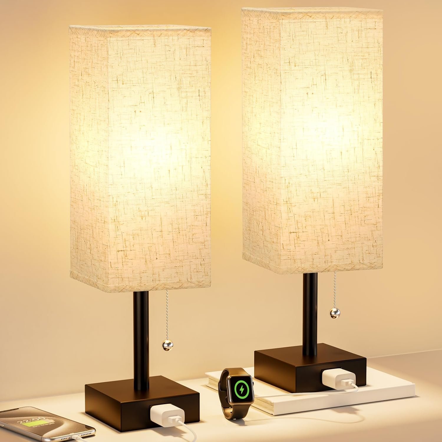 Bedside Table Lamps for Bedroom Set of 2 – Small Rectangular Nightstand Lamp with AC Outlet Charging Port, 3 Color Temperatures Desk Light with Bulb, Tabletop Reading Lamp for Living Room/Dorm/Office