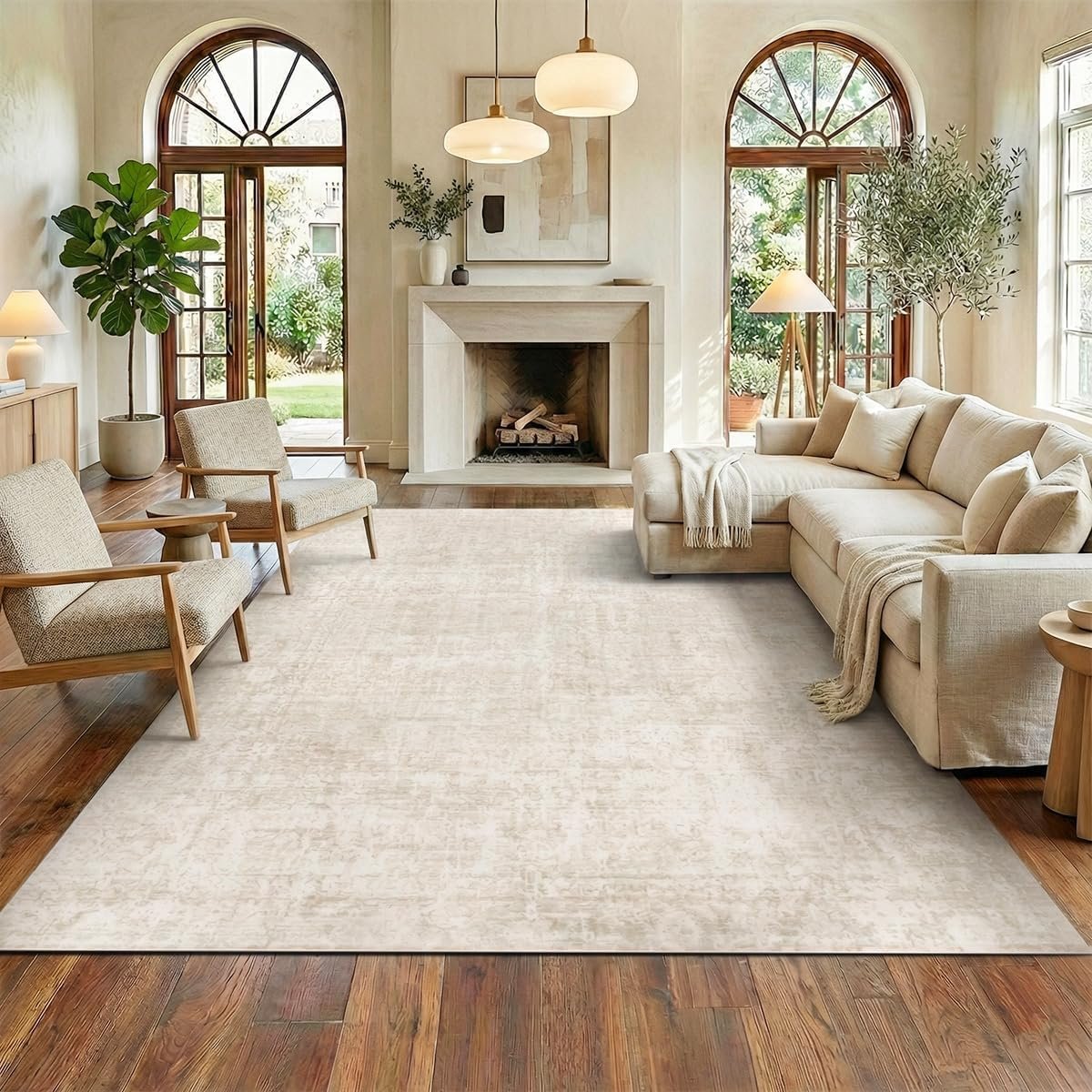 Homemate Washable Rug 8×10 Area Rugs – Vintage Faux Wool Rugs for Living Room Bedroom Dining Room – Non Slip Foldable Carpet Indoor Area Rug for Home Decor（8’x10′, Beige