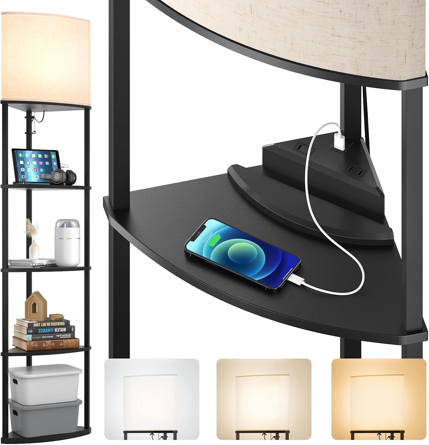 addlon 5-Tier Corner Shelf Floor Lamp with Type C, USB Port & 1 Power Outlet and 3CCT LED Bulb, Modern Display Lamp for Narrow Corner Bookshelf lamp for Living Room, Bedroom, Office – Black