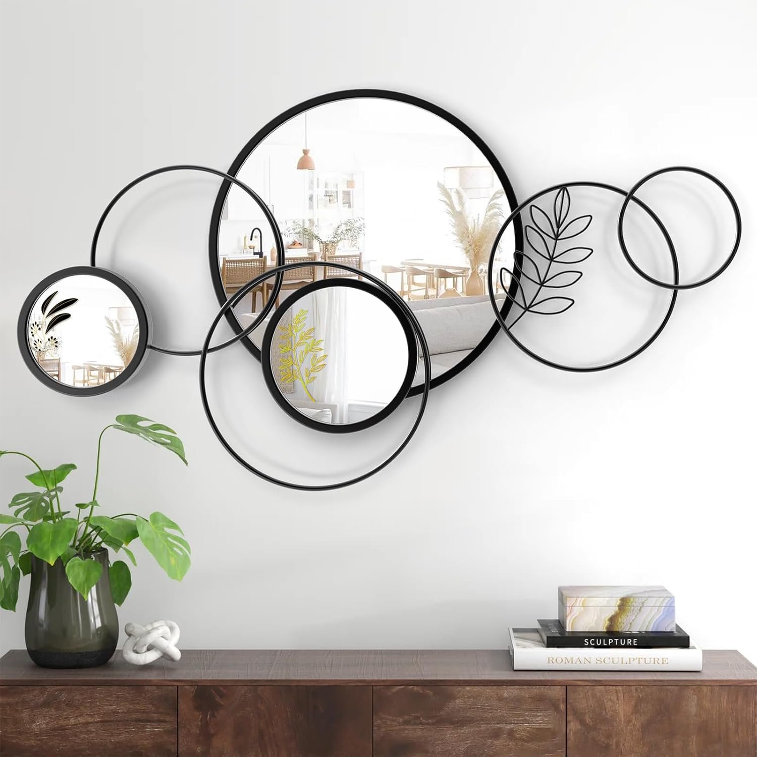 Wall Mirror Decorative, Print Round Decorative Mirrors, Large Decor Metal Wall Art Mirro for Entryway, Living Room, Bedroom, Dining Room Kitchen Decor 45”x25.5”