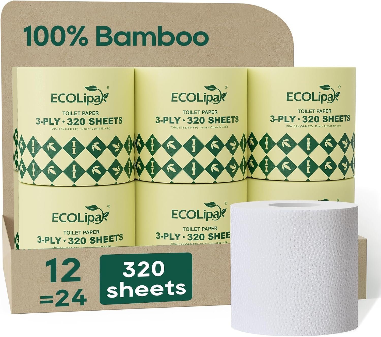 ECOLipak Bamboo Toilet Paper 3 Ply, Septic Safe Toilet Tissue, 12 Double Rolls, 320 Sheets Per Roll, Tree Free, Non Toxic, Soft and Absorbent, Eco Friendly Dye-Free Paper, White