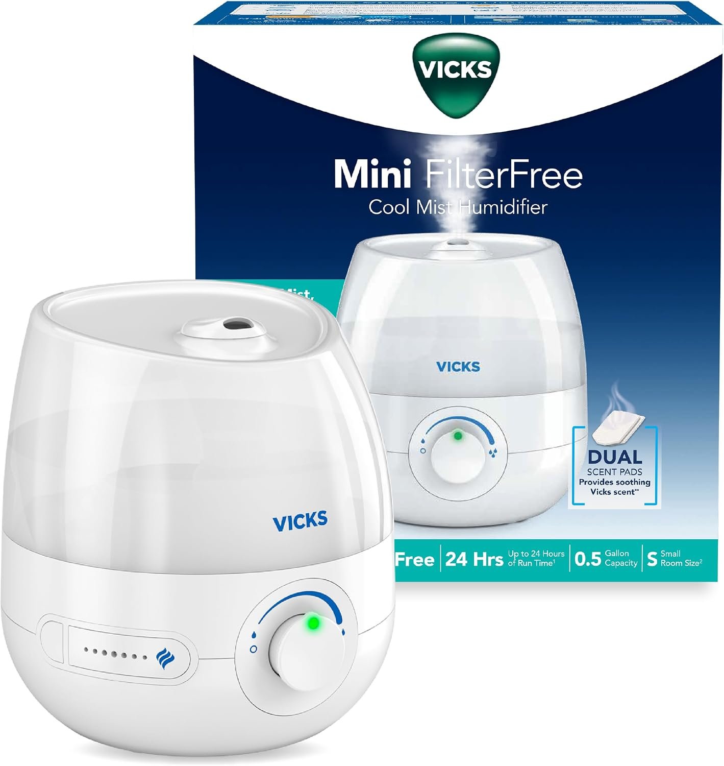 Vicks Mini Filter Free Cool Mist Humidifier, Small Room – Variable Mist Control – Works with Vicks VapoPads