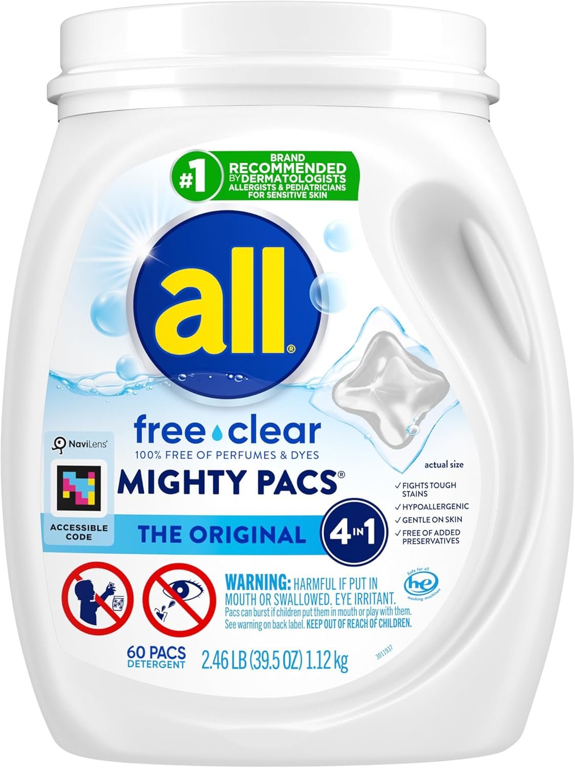 all Unit Dose Laundry Detergent, Mighty Pacs, Free Clear, 60 Count