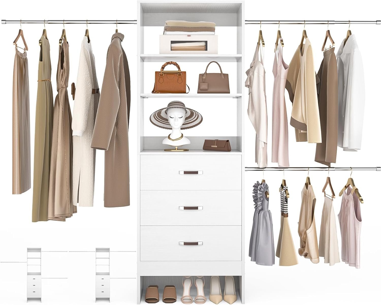 Besiost 96” Closet Organizer System with 3 Hanging Rods, 8FT Closet Organizers and Storage with 3 Wooden Drawers, Built in Closet Organizer Systems, Adjustable Walk-in Wardrobe from 5-8FT, White