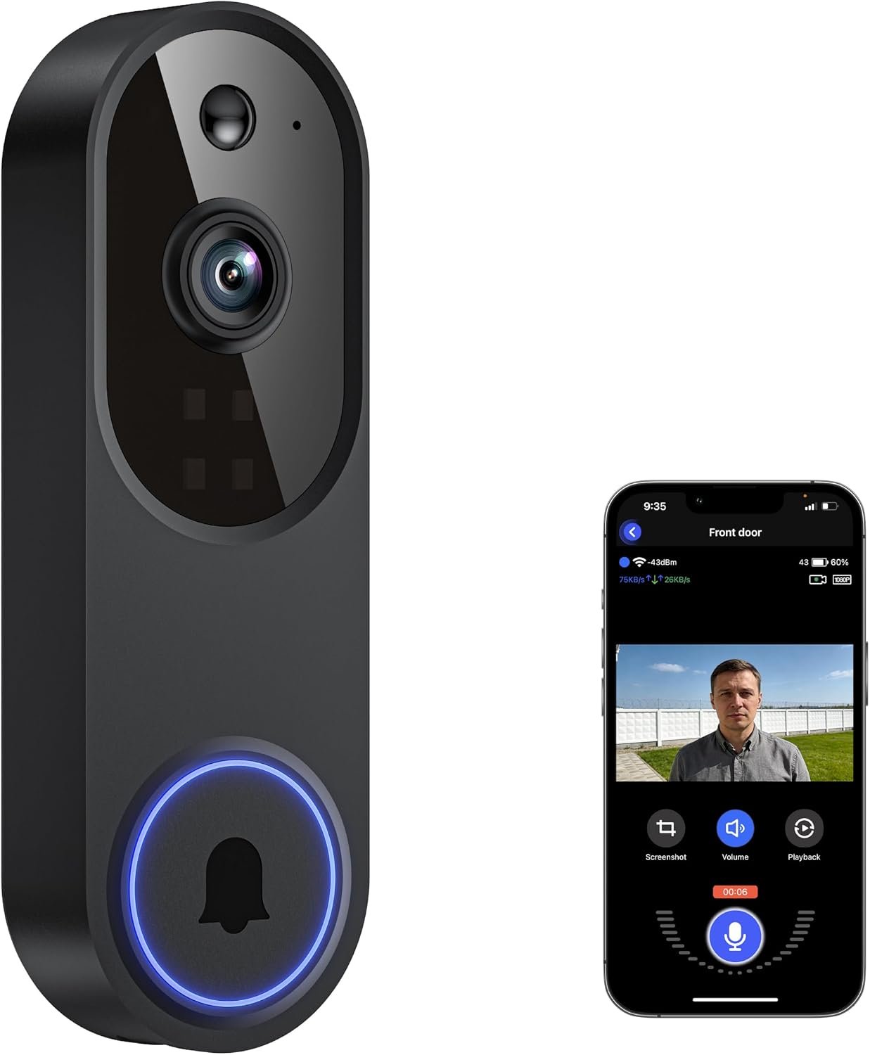 Guggre Doorbell Camera M52, Security Camera Outdoor/Indoor, 1080 HD with Night Vision, 4 Infrared Lights, 120° Wide View, Motion Detection Notification, Works with Smartphone, Wireless, Online Support