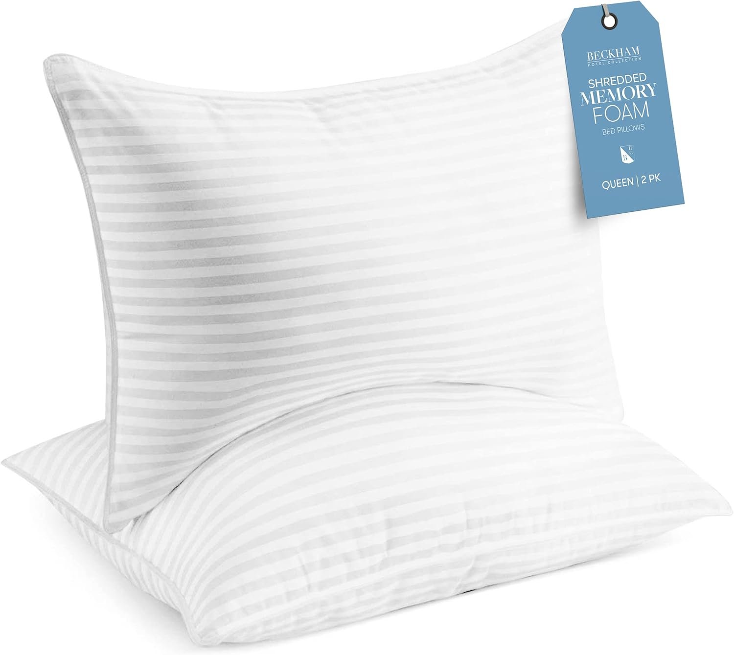 Beckham Hotel Collection Shredded Memory Foam Pillow 2-Pack Queen | Adjustable Fill Cooling Bed Pillows for Side, Back & Stomach Sleepers