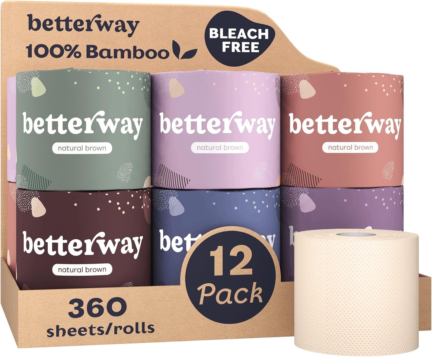 Betterway Unbleached Bamboo Toilet Paper Rolls – Eco-Friendly 3 Ply Toilet Tissue – 12 Long-Lasting Rolls – 360 Sheets/Roll – Organic, FSC Certified, Septic Safe TP – Lint-Free, PFAS-Free Bath Tissue