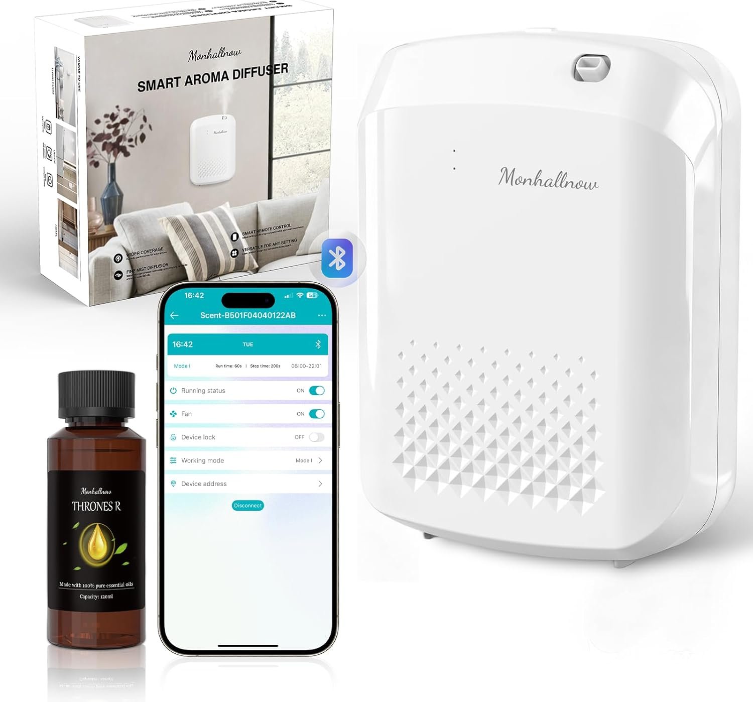 Waterless Essential Oil Diffuser, 2500 Sq.Ft Coverage, Bluetooth App Control, No-Noise Wall-Mounted Aroma Diffuser, 400ml, Perfect for Home, Hotel & Office, Valentines Day Gift, White
