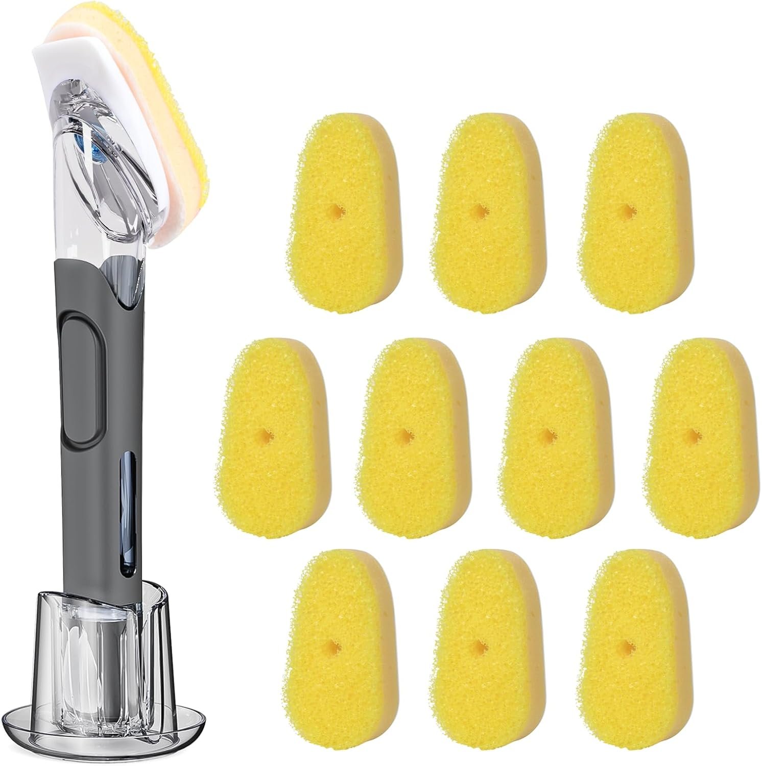 Soap Dispensing Replacement Dish Brush Storage Set with 10 PCS Sponge Refills & Holder – RIMAY Dispenser Scrub Cleaning Scrubber Kitchen Dishwashing Dish Wand Handle for Dishes/Pans/Pots/Sink(Yellow)