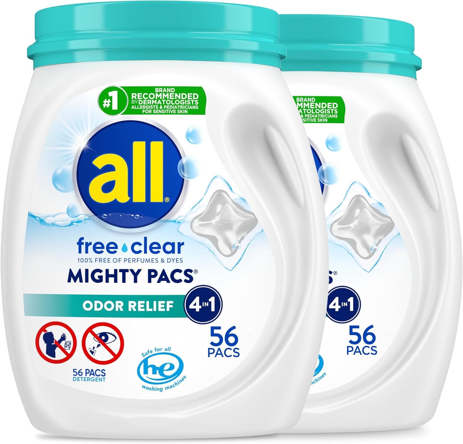 all free clear MIGHTY PACS Odor Relief, Laundry Detergent Pacs, 56 Count (Pack of 2), Unscented and Hypoallergenic for Sensitive Skin, Dermatologist Tested, HE Safe